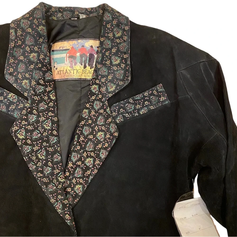 NWT Vintage Black Leather Suede Coat Blazer Paisley Trim Oversized M 90s Western